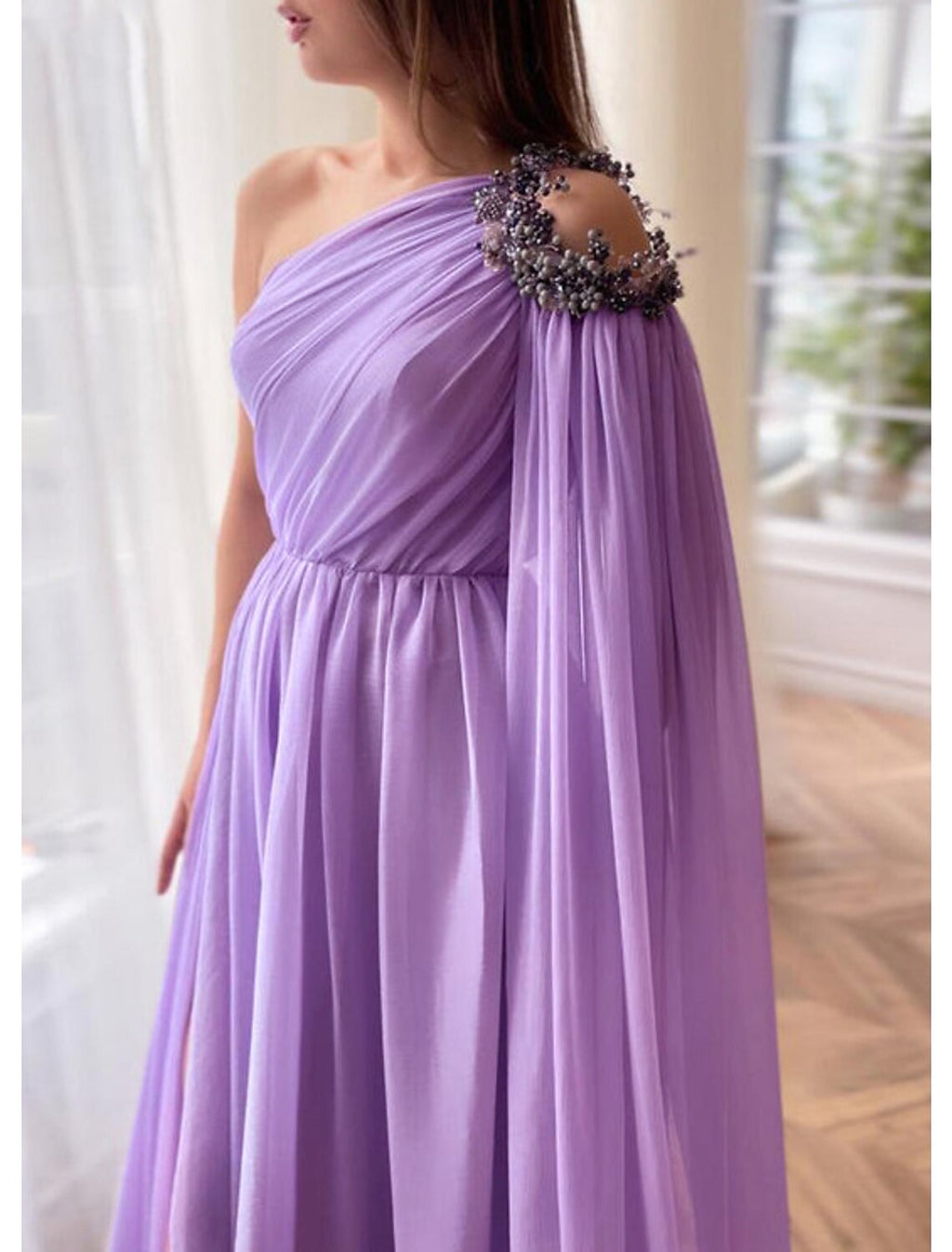 Evening Gown Elegant Dress Formal Wedding Guest Sweep / Brush Train Sleeveless One Shoulder Capes with Slit Shawl