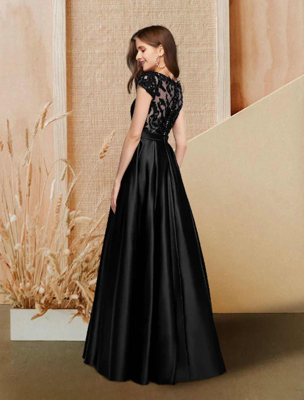 Evening Gown Luxurious Dress Wedding Guest Floor Length Short Sleeve Jewel Neck Pocket with Beading Insert Pocket