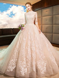 Engagement Open Back Formal Wedding Dresses Princess Long Sleeve High Neck With Appliques