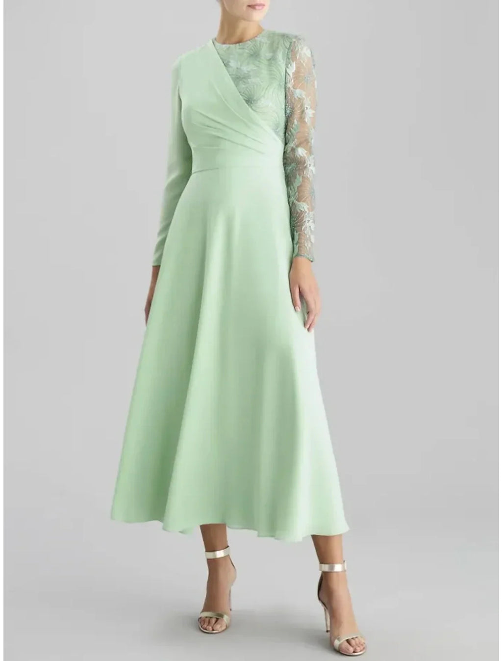 Mother of the Bride Dress Wedding Guest Party Elegant Jewel Neck Tea Length Long Sleeve with Ruching Solid Color