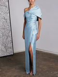 Light Blue Asymmetric Off-the-Shoulder High-Slit Mermaid Evening Dress