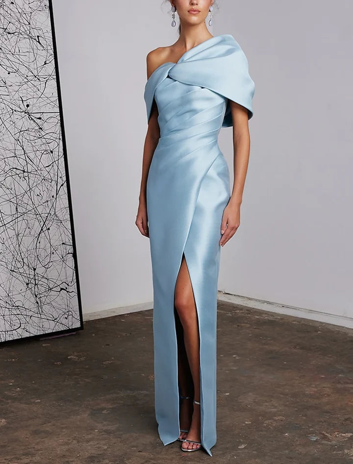 Light Blue Asymmetric Off-the-Shoulder High-Slit Mermaid Evening Dress
