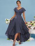 Bridesmaid Dress V Neck Sleeveless Sexy Asymmetrical Ankle Length with Ruffles