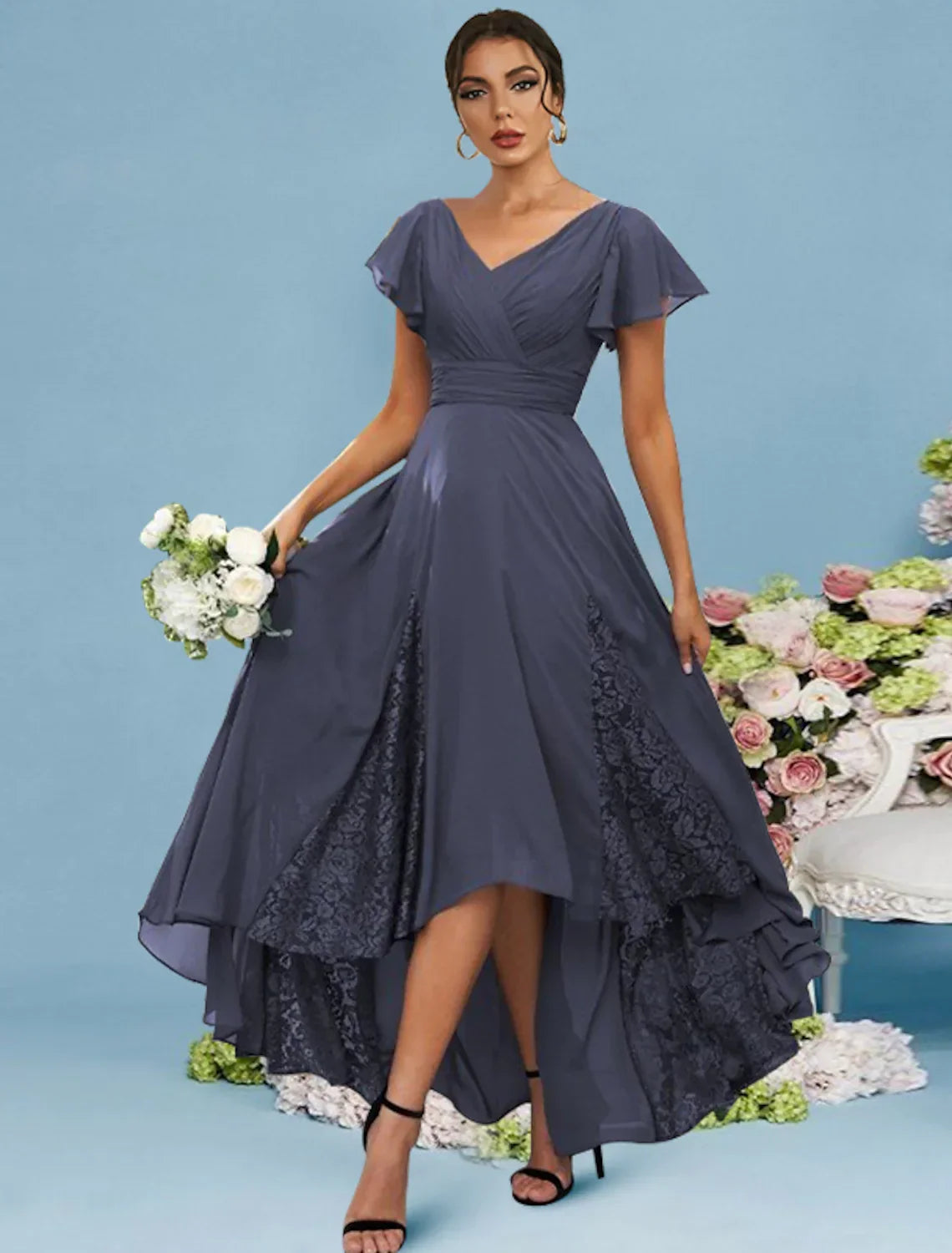 Bridesmaid Dress V Neck Sleeveless Sexy Asymmetrical Ankle Length with Ruffles