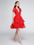 Ball Gown Cute Dress Cocktail Party Knee Length Short Sleeve Plunging Neck with Buttons Appliques