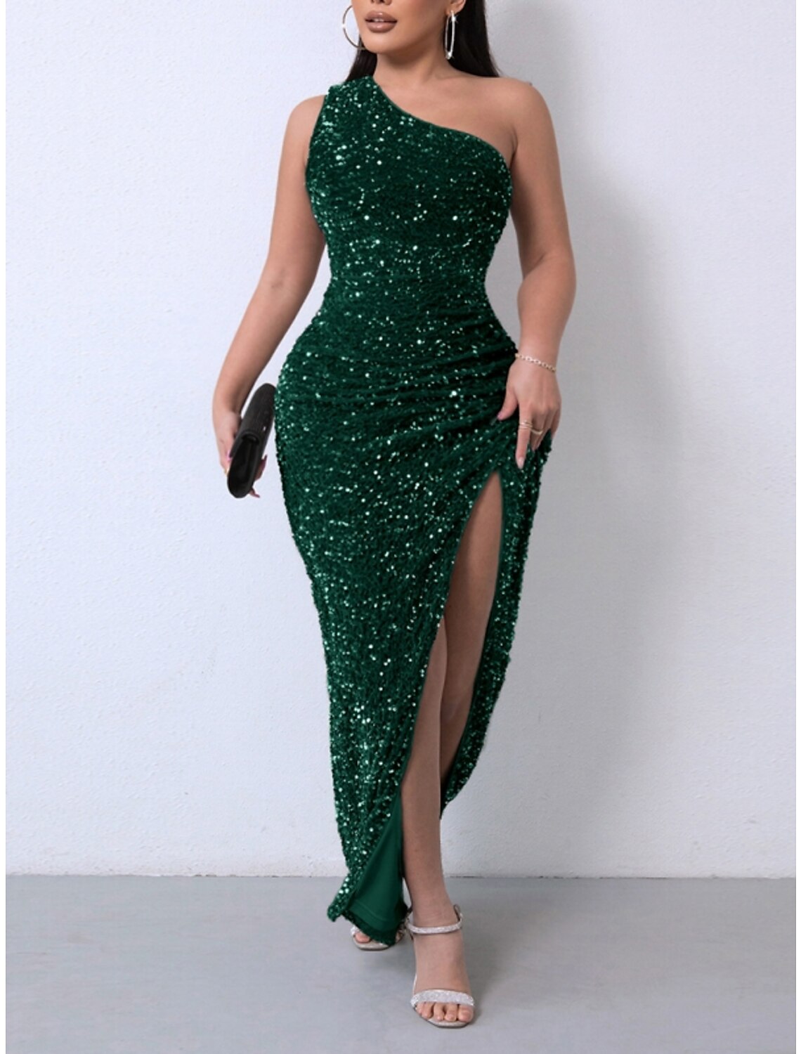Sheath / Column Party Dresses Party Dress Party Wear Ankle Length Sleeveless One Shoulder with Glitter Ruched