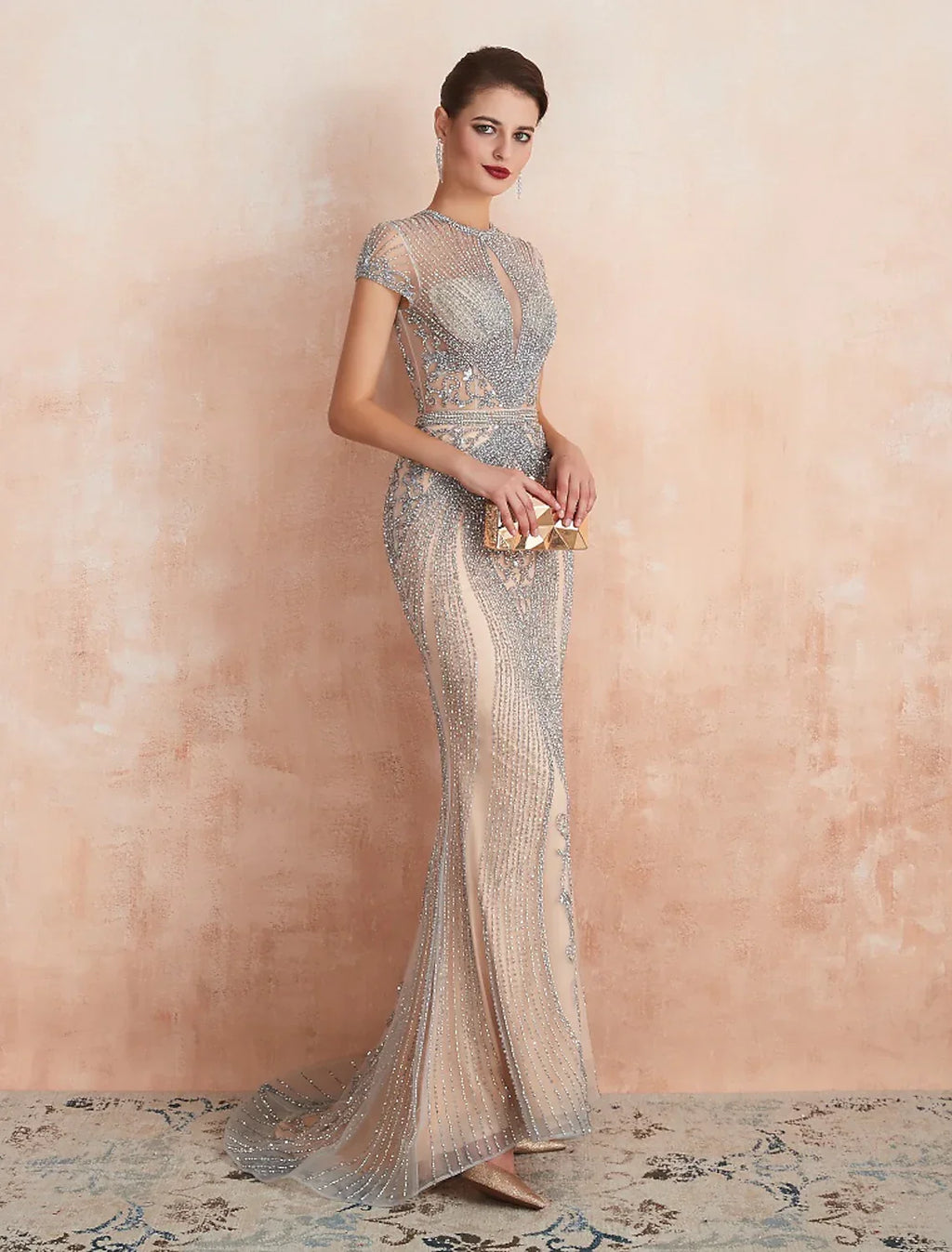 Evening Gown Luxurious Dress Engagement Short Sleeve Jewel Neck with Beading