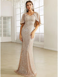 Mermaid / Trumpet Evening Gown Sparkle & Shine Dress Formal Fall Sweep / Brush Train Half Sleeve V Neck with Glitter