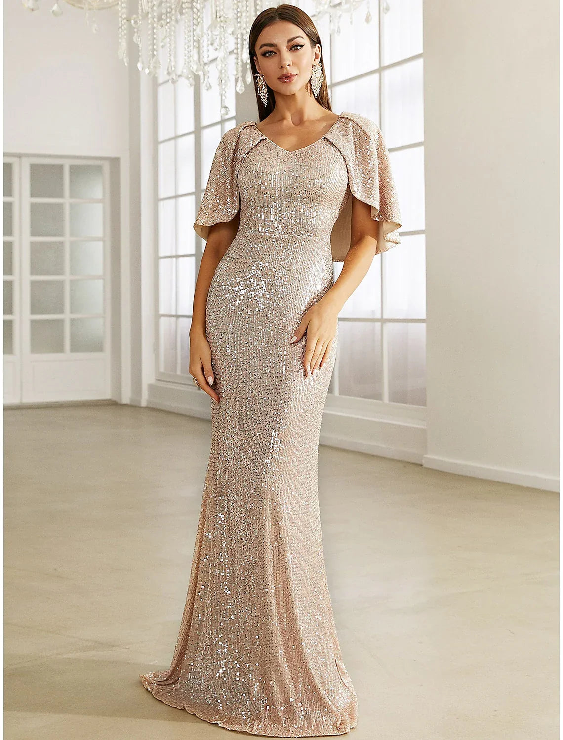 Mermaid / Trumpet Evening Gown Sparkle & Shine Dress Formal Fall Sweep / Brush Train Half Sleeve V Neck with Glitter