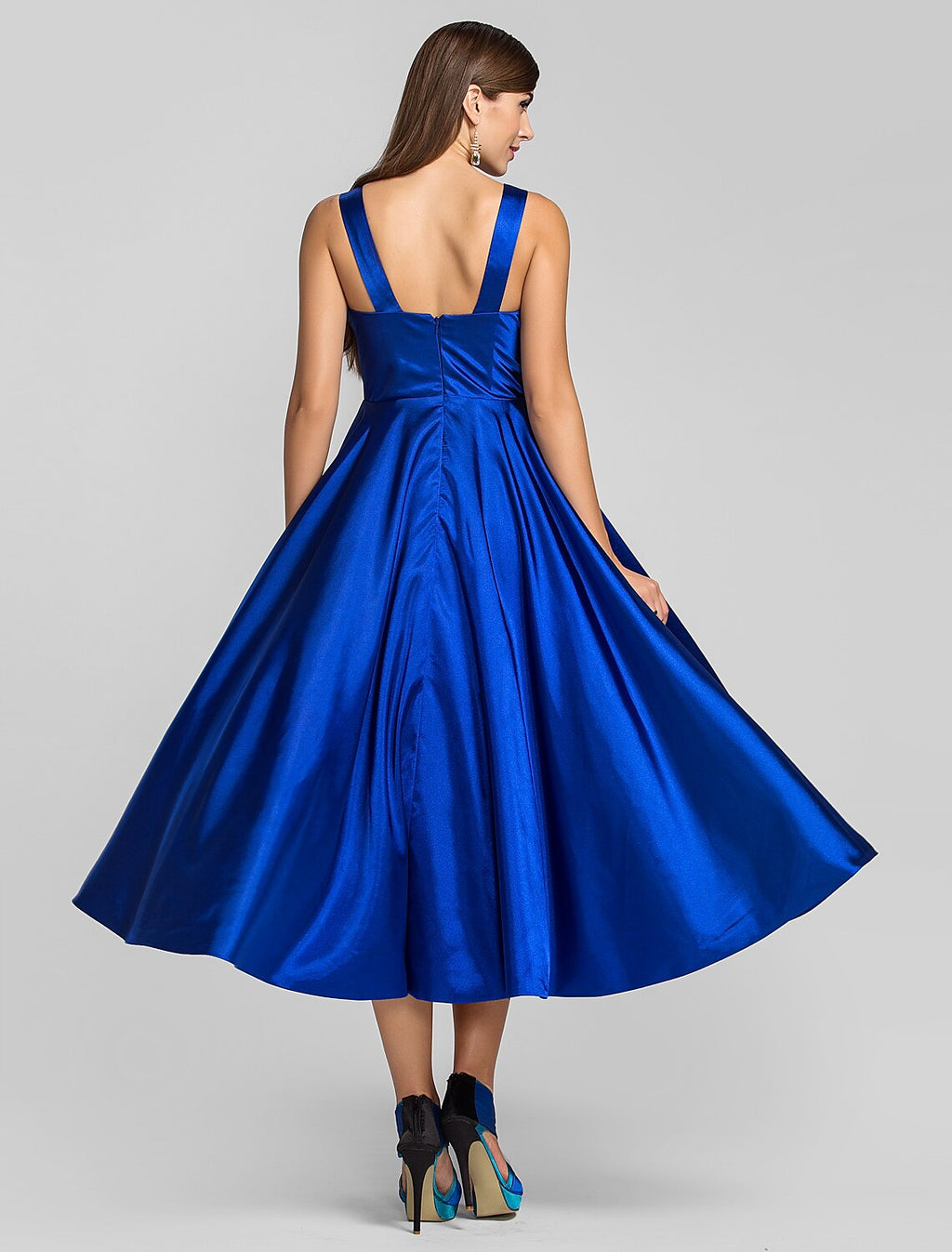 Minimalist Dress Wedding Guest Tea Length Sleeveless Square Neck with Criss Cross