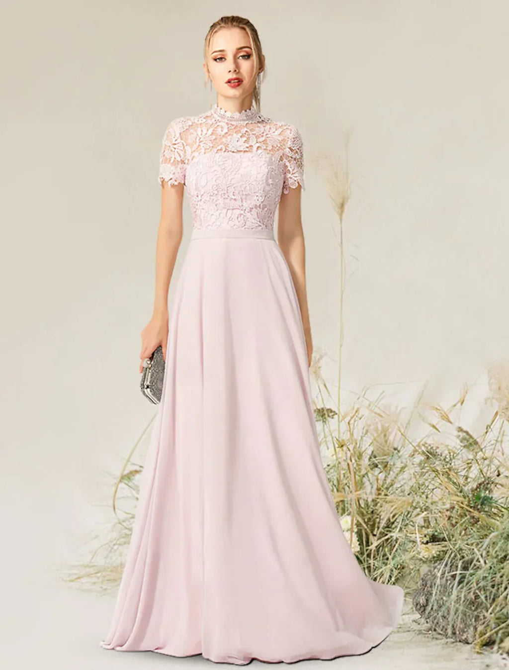 Evening Gown Empire Dress Engagement Floor Length Short Sleeve High Neck with Pleats