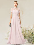 Evening Gown Empire Dress Engagement Floor Length Short Sleeve High Neck with Pleats