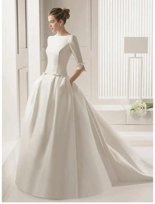 Elegant Red A-Line Classic-Neck Classic-Sleeve Classic-Back Floor-Length Wedding Dress