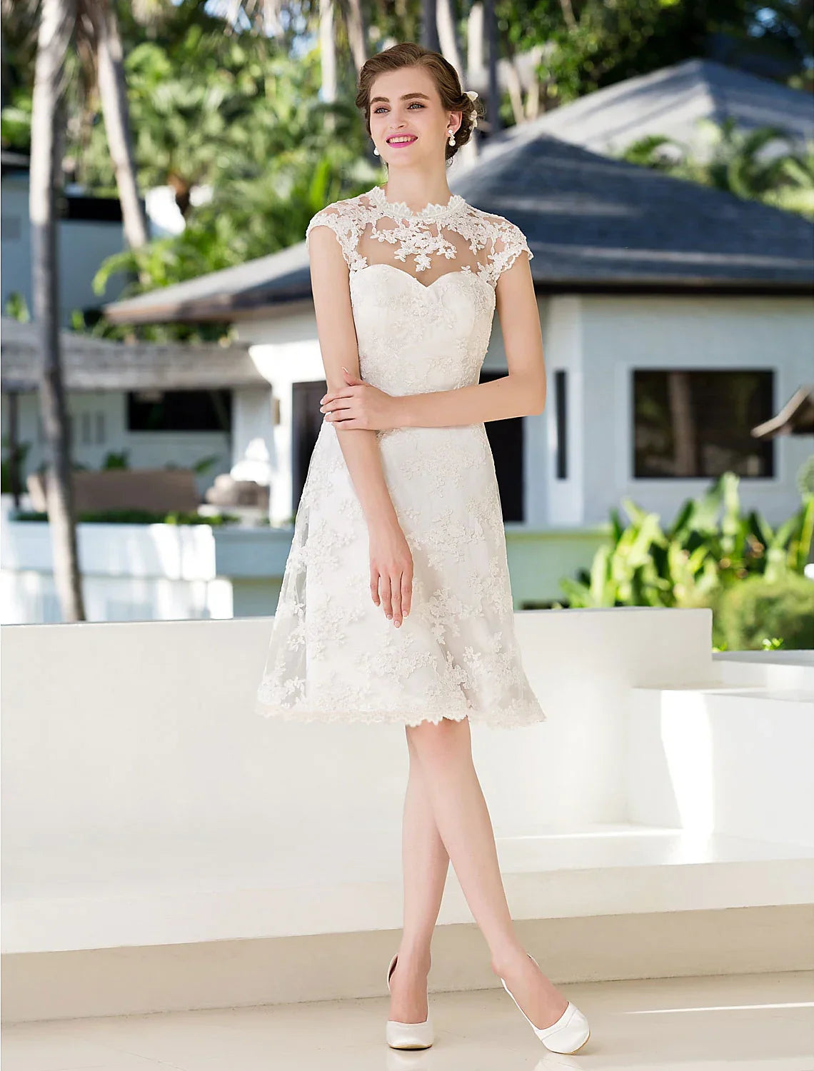 White Open Back Little Dresses Knee A-Line Floral Appliques