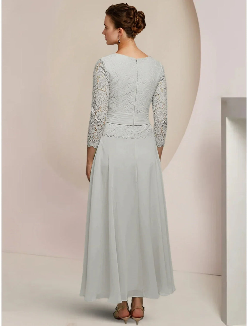 Mother of the Bride Dress Wedding Guest Elegant Jewel Neck Ankle Length Long Sleeve with Pleats Appliques