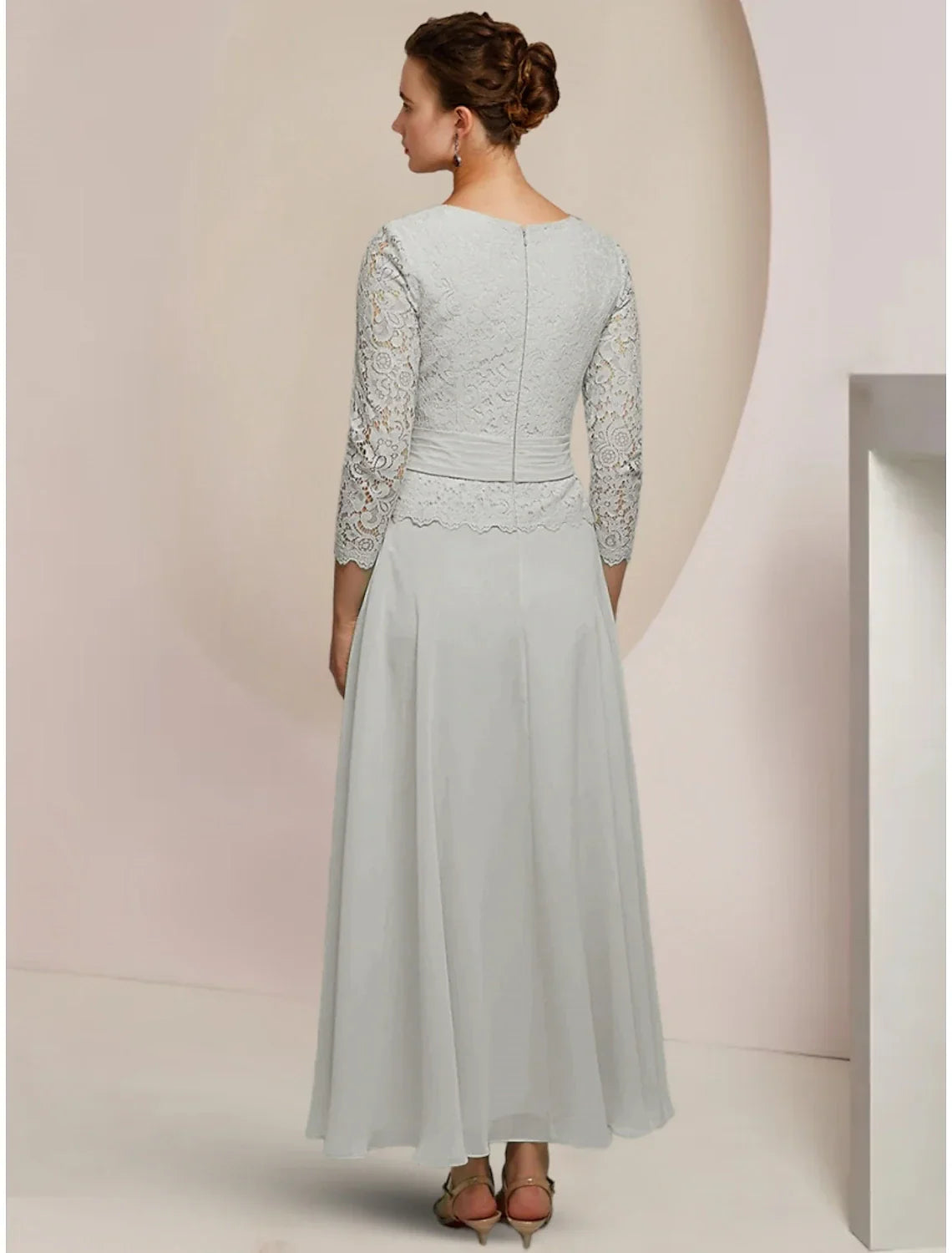 Mother of the Bride Dress Wedding Guest Elegant Jewel Neck Ankle Length Long Sleeve with Pleats Appliques