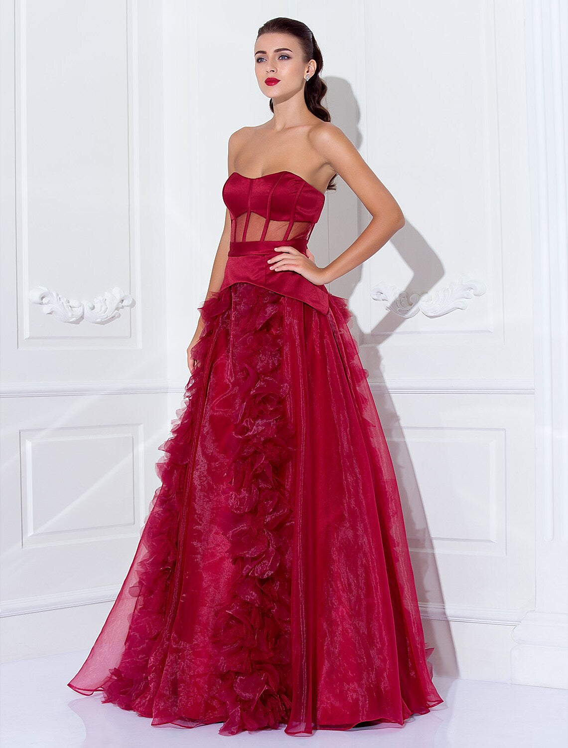 Celebrity Style Dress Holiday Floor Length Sleeveless Strapless with Sash Flower