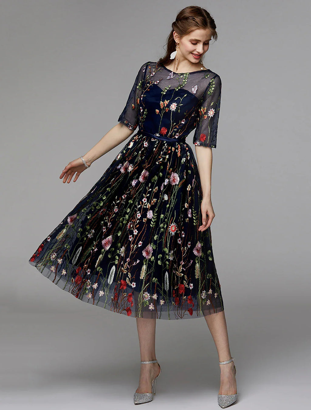 Holiday Tea Length Half Sleeve Illusion Neck Fall Wedding Guest with Embroidery Appliques