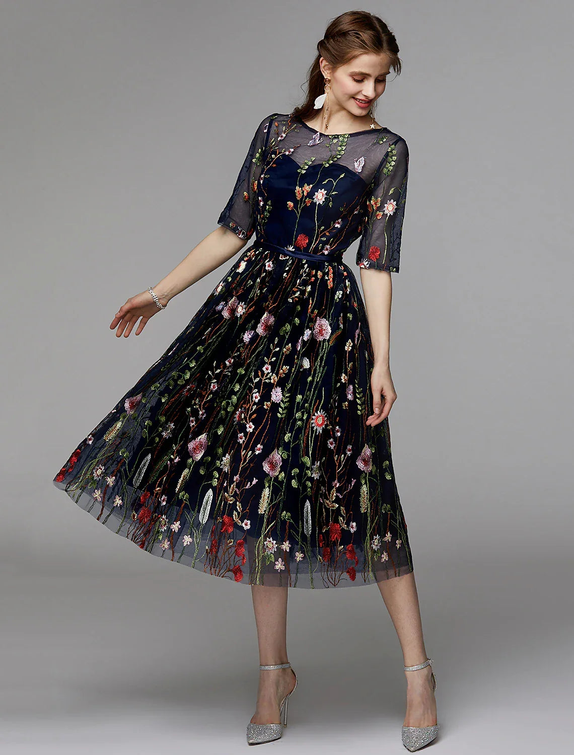 Holiday Tea Length Half Sleeve Illusion Neck Fall Wedding Guest with Embroidery Appliques