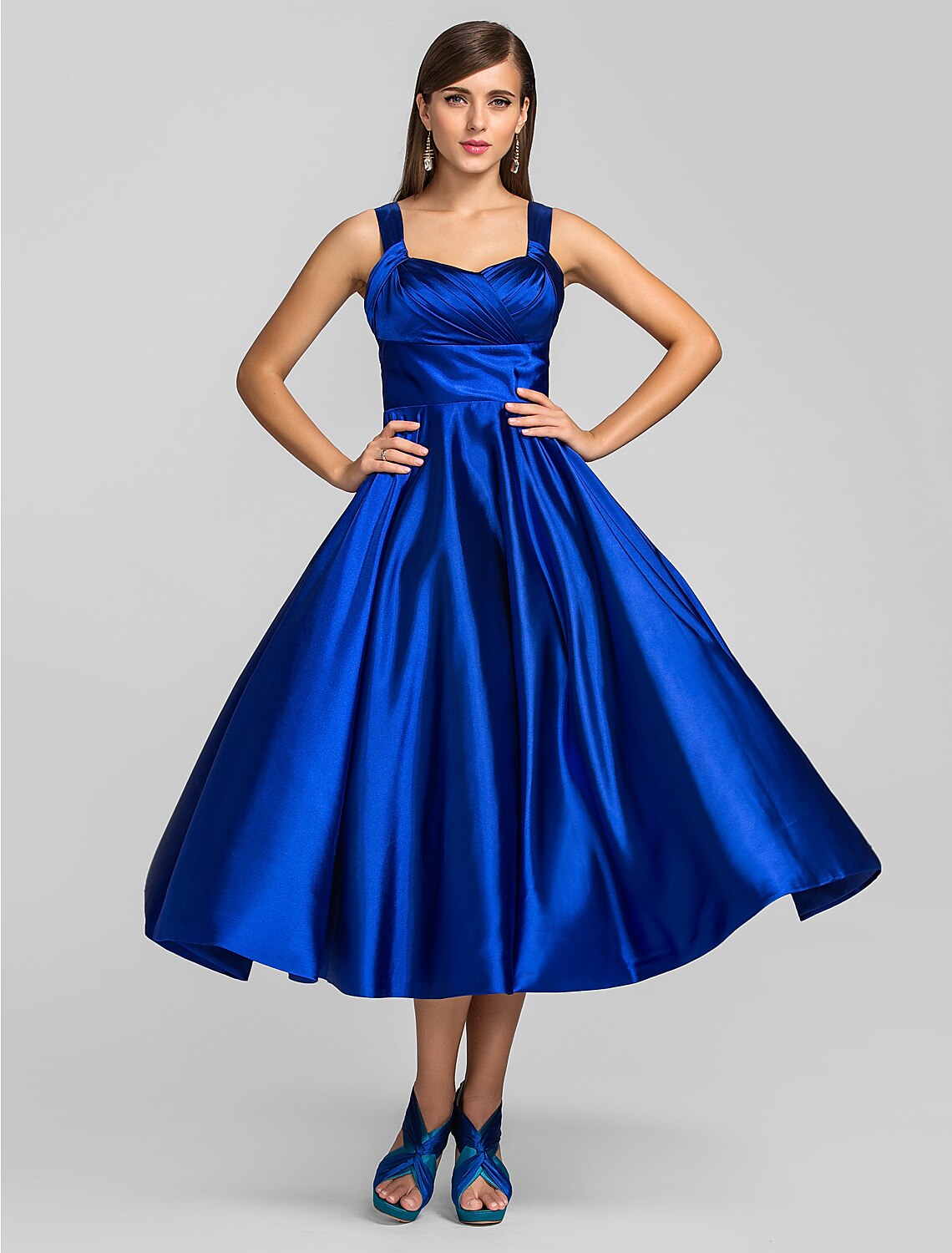 Minimalist Dress Wedding Guest Tea Length Sleeveless Square Neck with Criss Cross