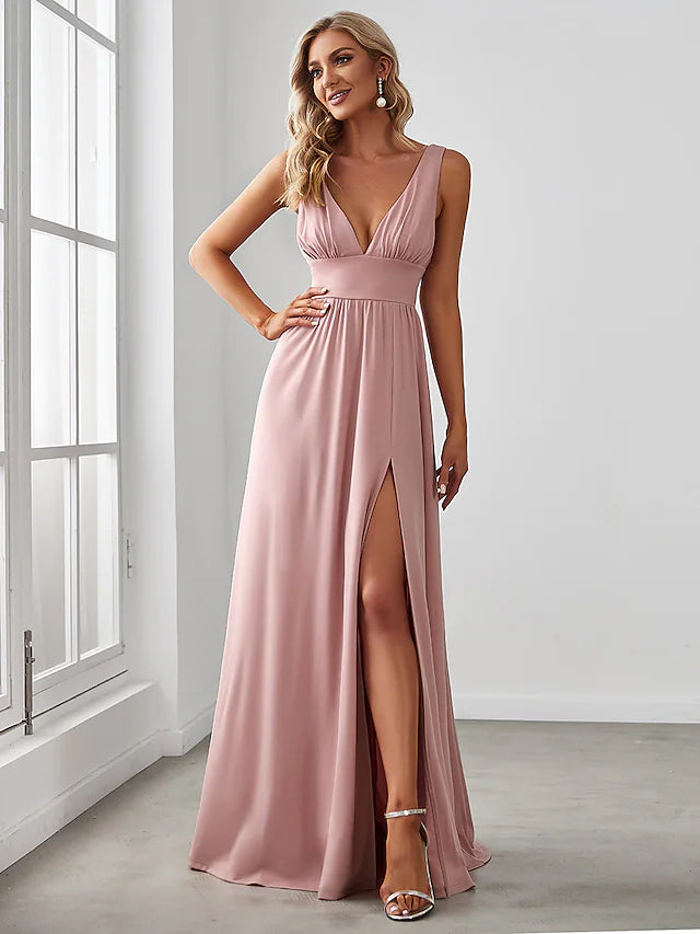 High Split Dress Wedding Guest Floor Length Sleeveless V Neck V Back with Slit