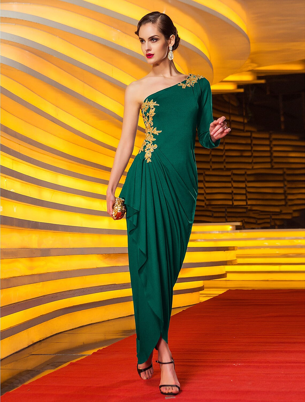 Sheath / Column Celebrity Style Party Wear Formal Evening Dress One Shoulder Long Sleeve Ankle Length with Beading Draping Appliques
