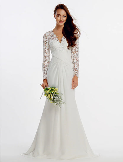 Elegant Red A-Line Classic-Neck Long-Sleeve Classic-Back Floor-Length Wedding Dress