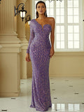 Evening Gown Sexy Dress Formal Floor Length Long Sleeve One Shoulder