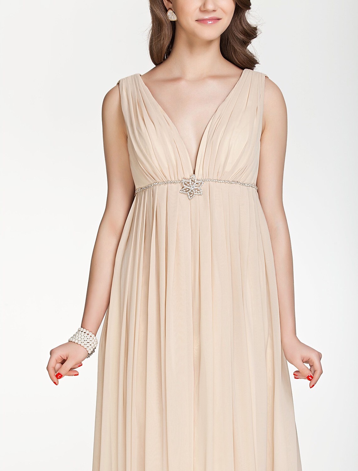 Bridesmaid Dress V Neck Sleeveless Beautiful Floor Length with Pleats Beading