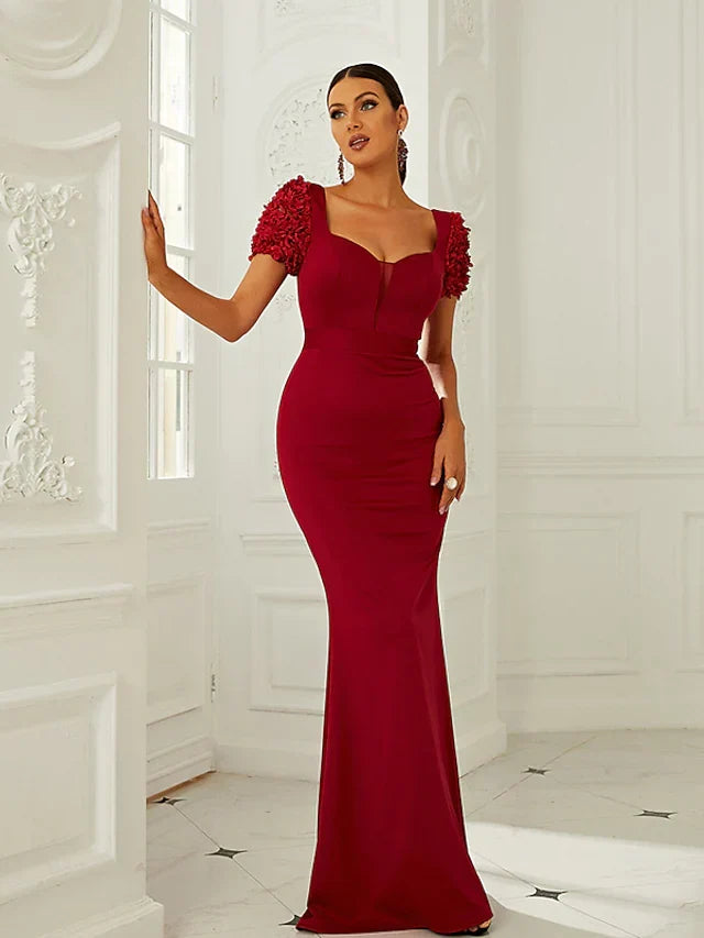 Evening Gown Dress Formal Floor Length Short Sleeve Square Neck