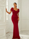 Evening Gown Dress Formal Floor Length Short Sleeve Square Neck