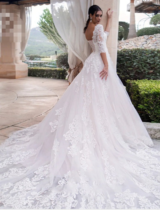 Elegant Red A-Line Classic-Neck Classic-Sleeve Open-Back Floor-Length Wedding Dress