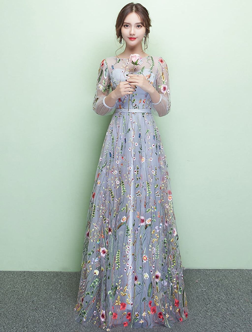 Formal Evening Dress Length Sleeve Floor Length with Embroidery