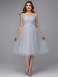Wedding Guest Cocktail Party Tea Length Short Sleeve Off Shoulder with Sash / Ribbon Criss