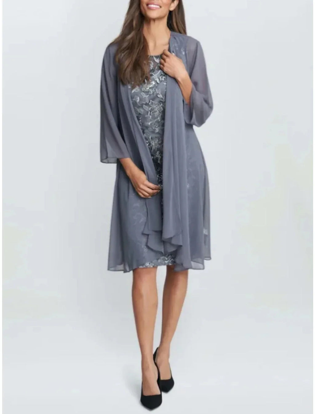 Two Piece Mother of the Bride Dress Wedding Guest Elegant Petite Scoop Neck Knee Length Long Sleeve with Ruching Solid Color