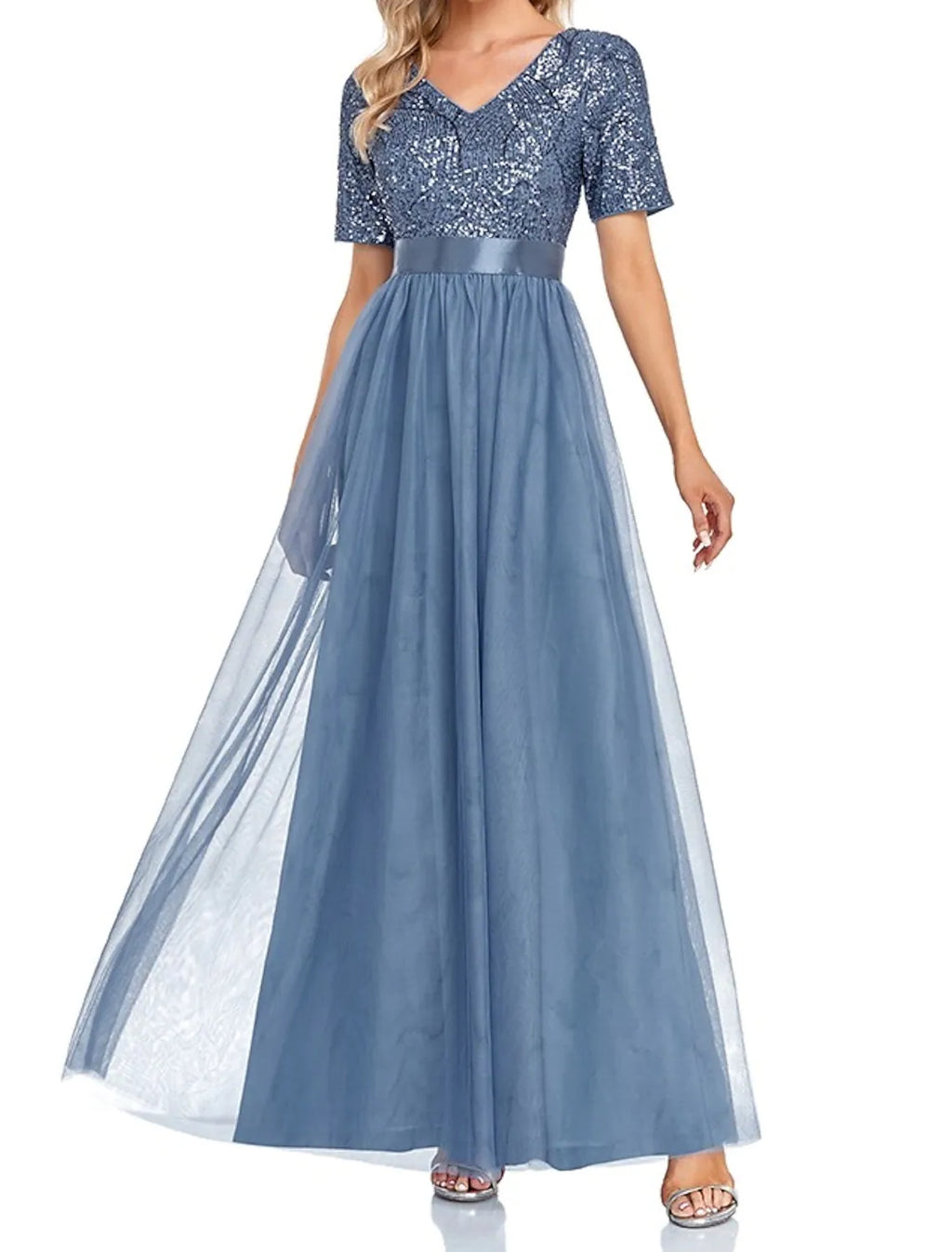 Evening Gown Elegant Dress Wedding Guest Floor Length Short Sleeve V Neck with Splicing