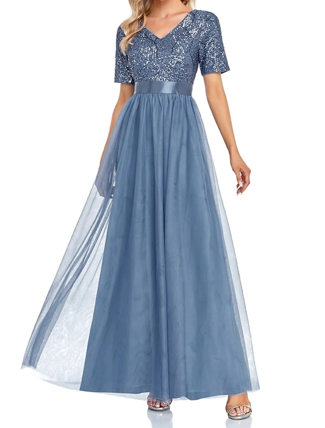 Evening Gown Elegant Dress Wedding Guest Floor Length Short Sleeve V Neck with Splicing