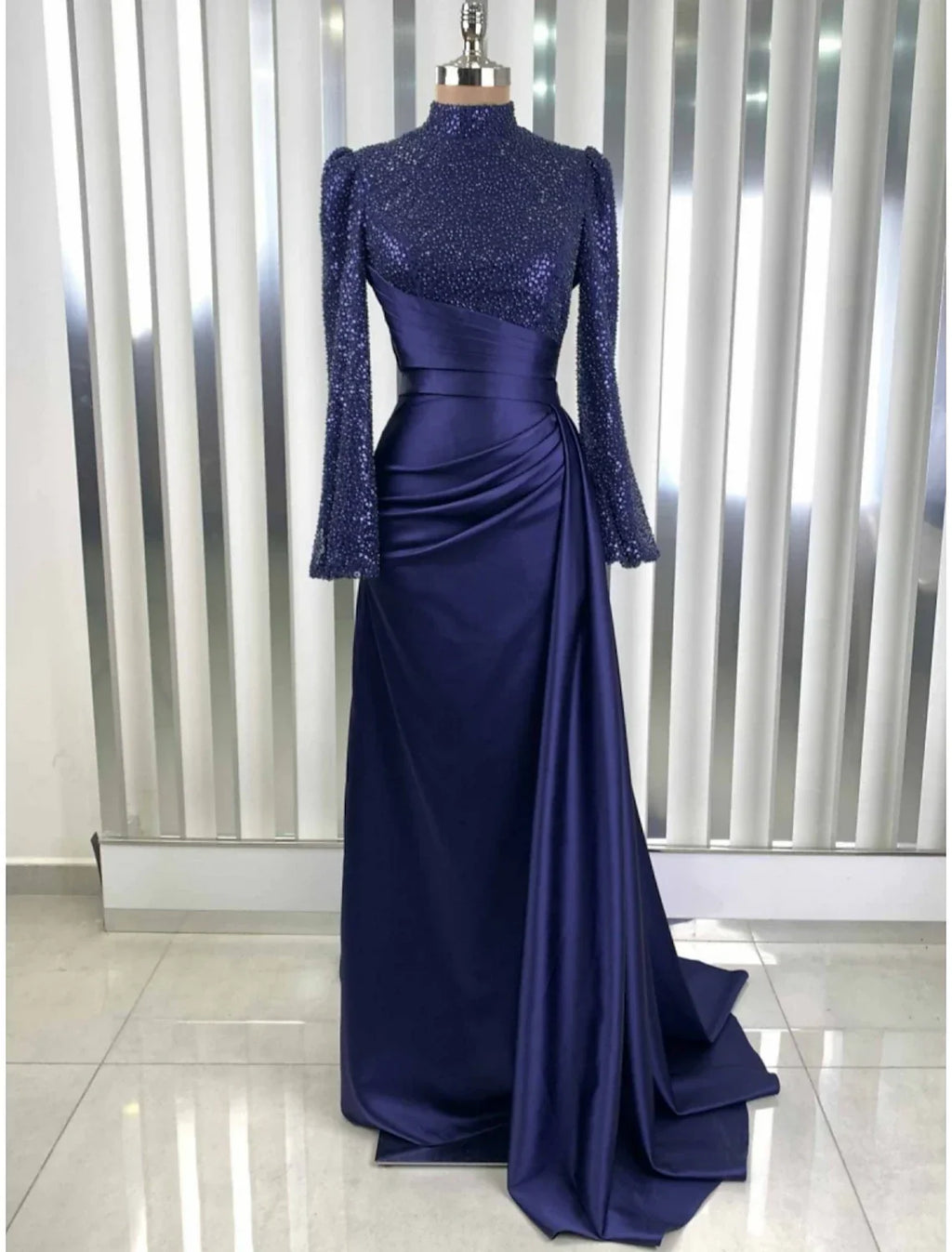 Evening Gown Champagne Christmas Elegant Dress Formal Sweep / Brush Train Long Sleeve High Neck with Glitter Pleats Ruched