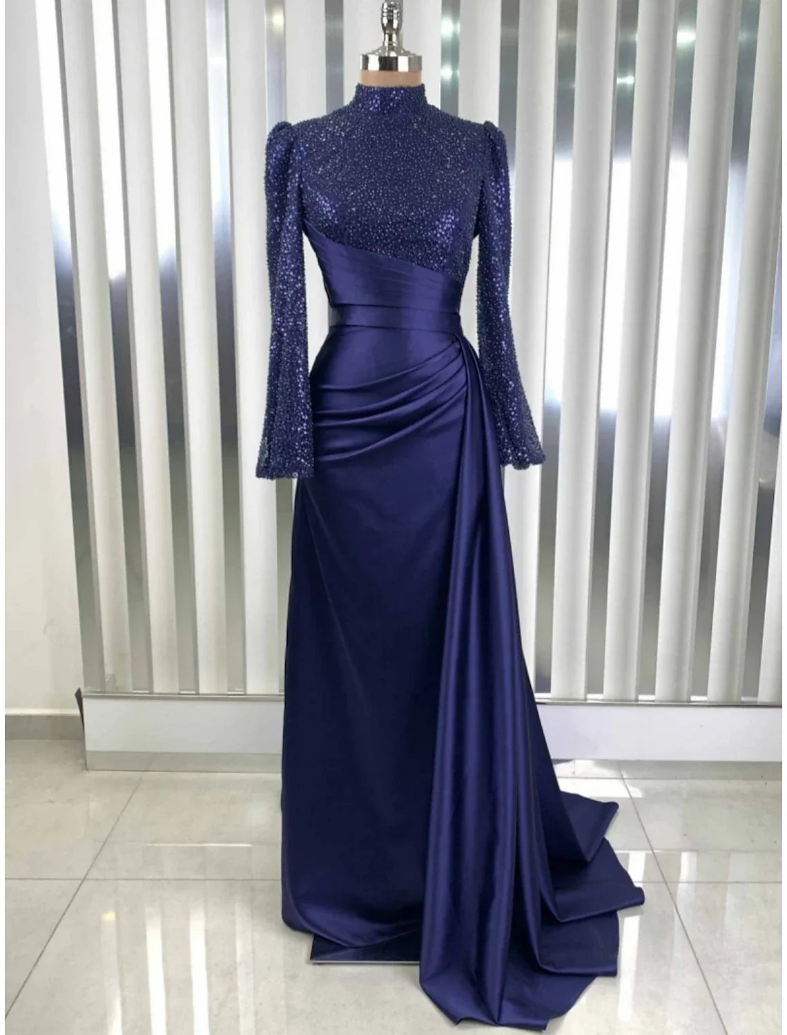 Evening Gown Champagne Christmas Elegant Dress Formal Sweep / Brush Train Long Sleeve High Neck with Glitter Pleats Ruched