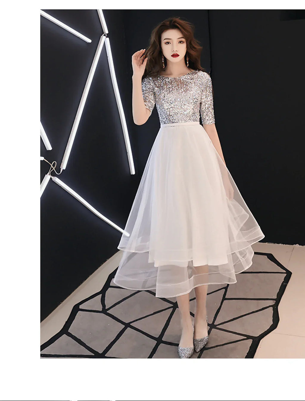 White Sparkle Cocktail Party Prom Dress Jewel Neck Half Sleeve Tea Length