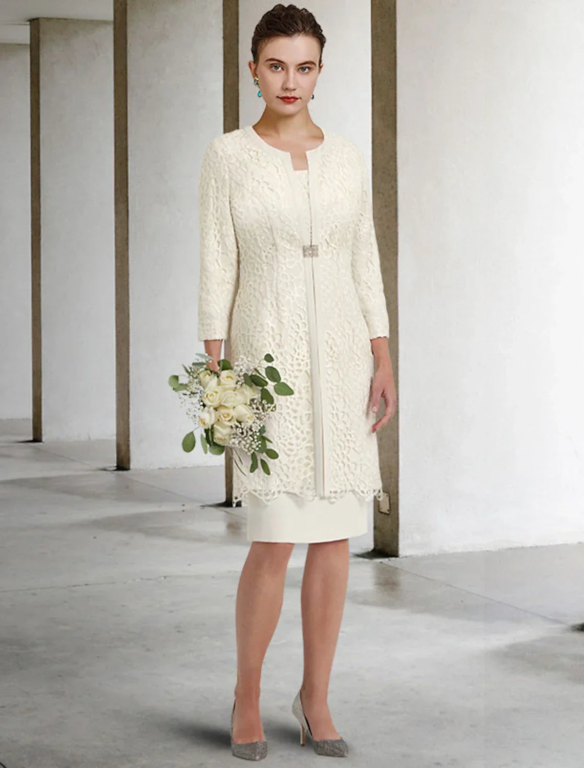 Two Piece Sheath / Column Mother of the Bride Dress Church Elegant Winter With Jacket Half Sleeve Scoop Neck Knee Length Crystal Brooch