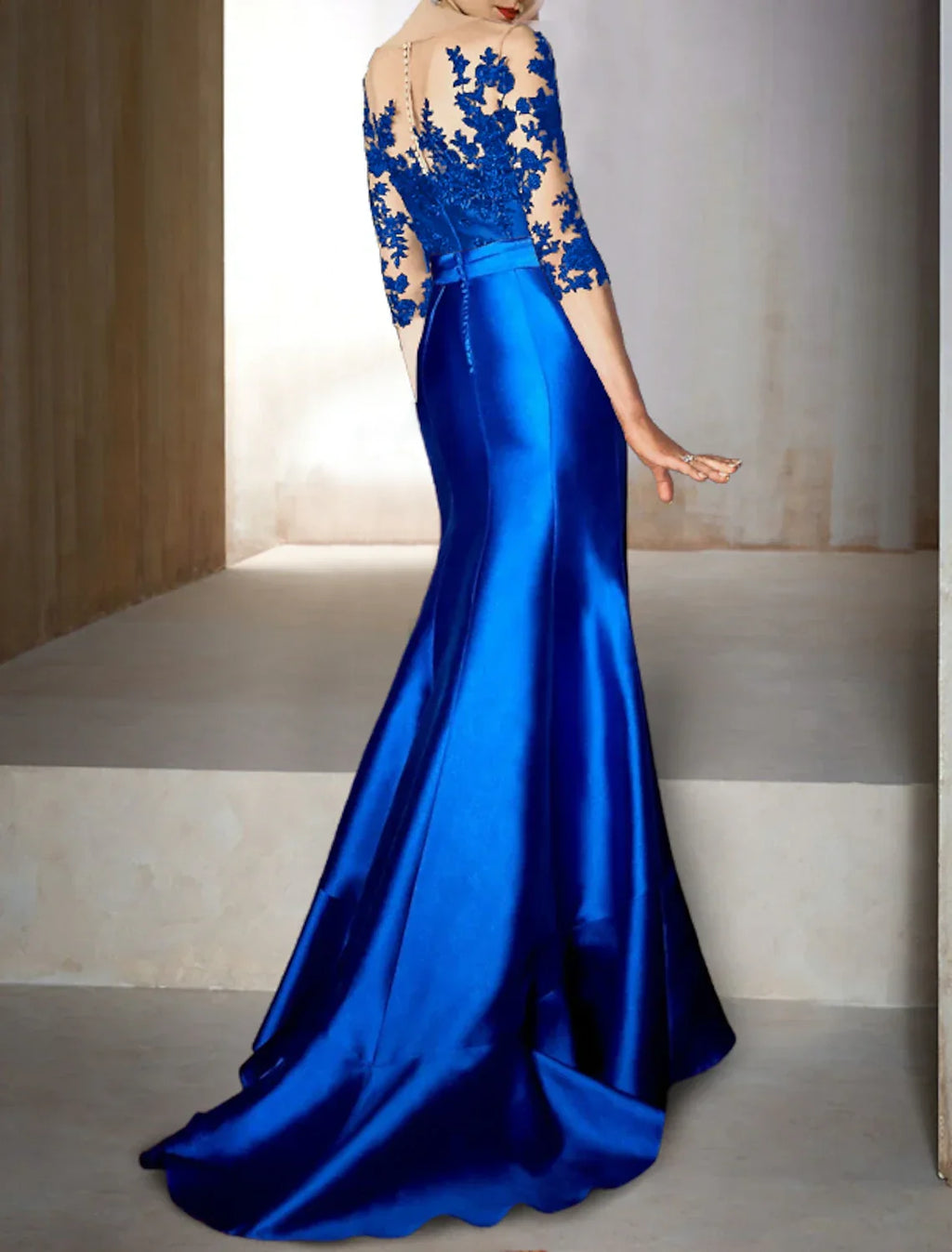 Mermaid / Trumpet Evening Gown Floral Dress Wedding Guest Fall Asymmetrical Half Sleeve Jewel Neck with Bow(s) Appliques