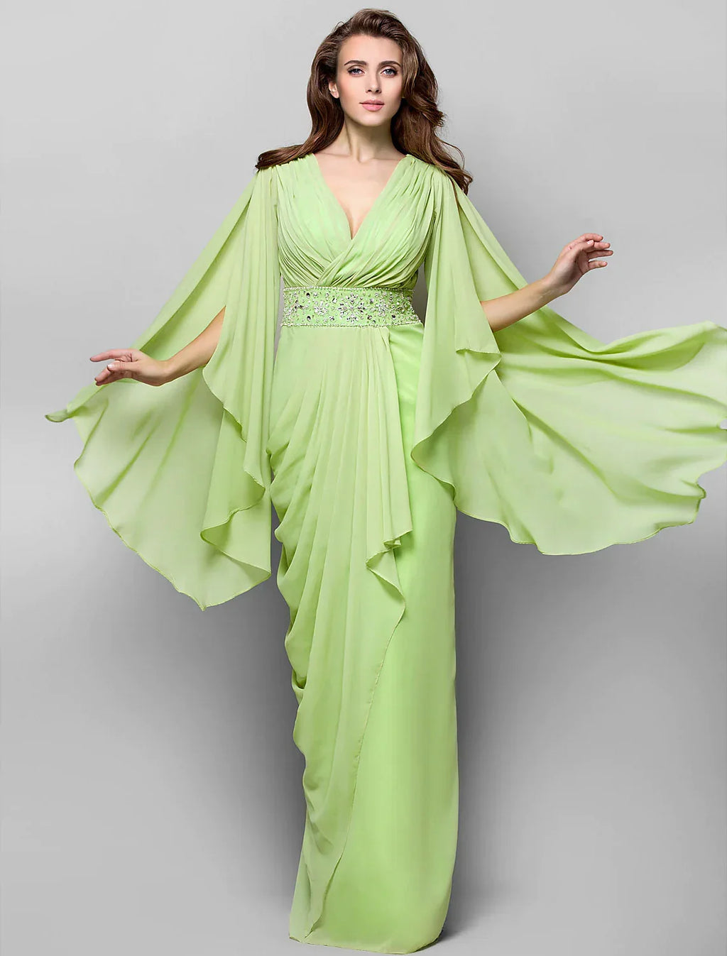 Wedding Guest Floor Length Long Sleeve V Neck V Back Crystals Side Draping