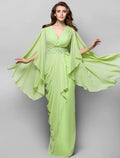 Wedding Guest Floor Length Long Sleeve V Neck V Back Crystals Side Draping