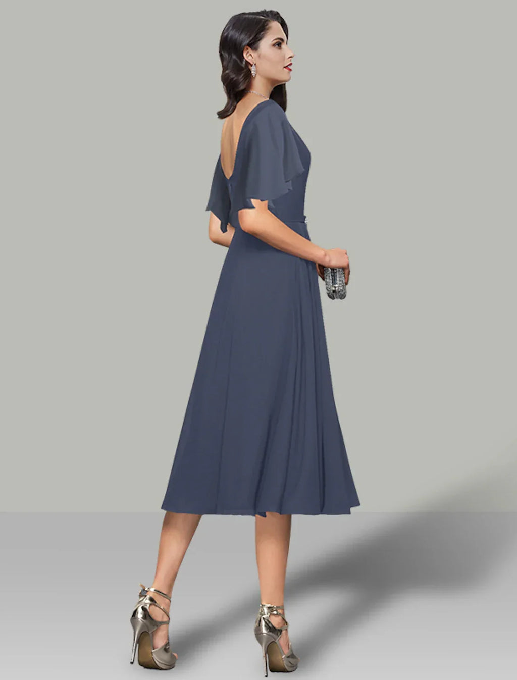 Wedding Guest Dresses Elegant Dress Cocktail Party Tea Length Short Sleeve Cowl Neck Belt / Sash with Rhinestone