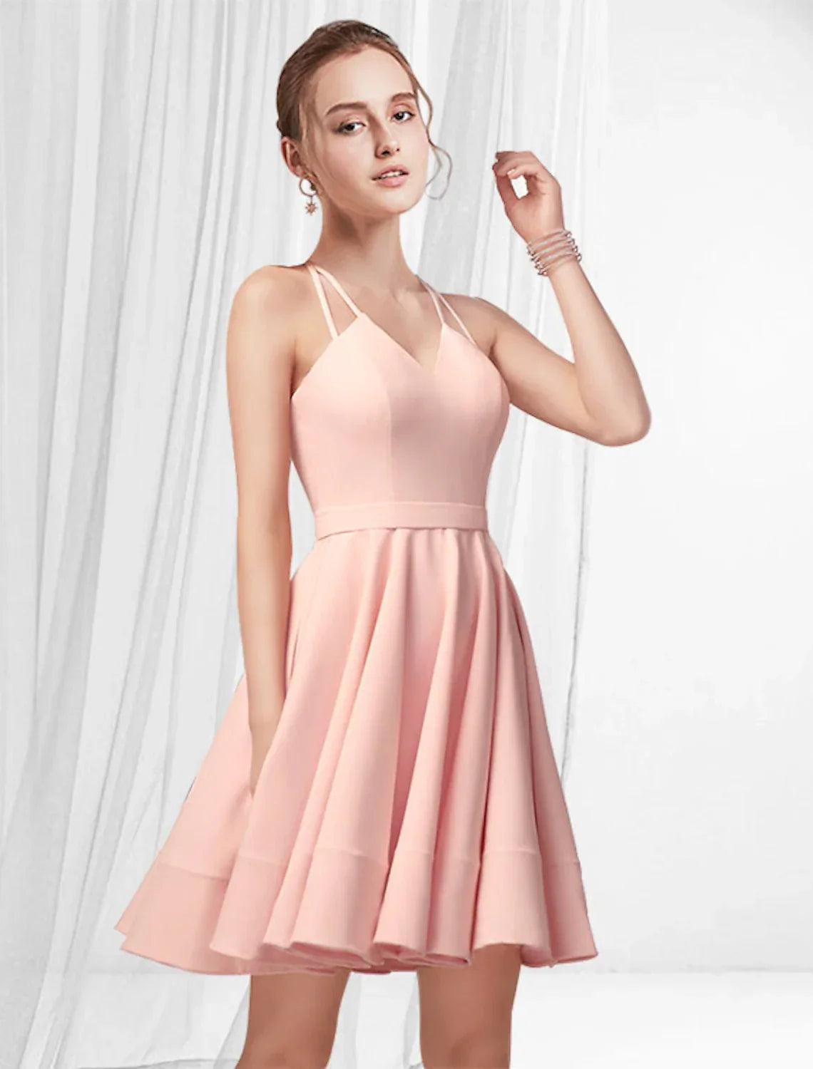 Pink Cocktail Dresses Reformation Amante Dress Homecoming Party Wear Short / Mini Sleeveless Spaghetti Strap Dress with Pleats