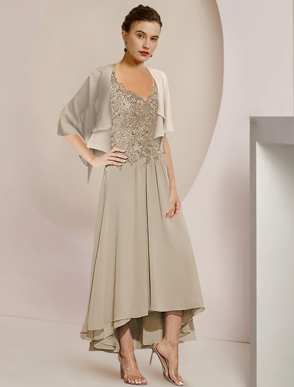 Two Piece A-Line Mother of the Bride Dress Formal Wedding Guest Elegant High Low V Neck Asymmetrical Tea Length 3/4 Length Sleeve Wrap Included with Appliques