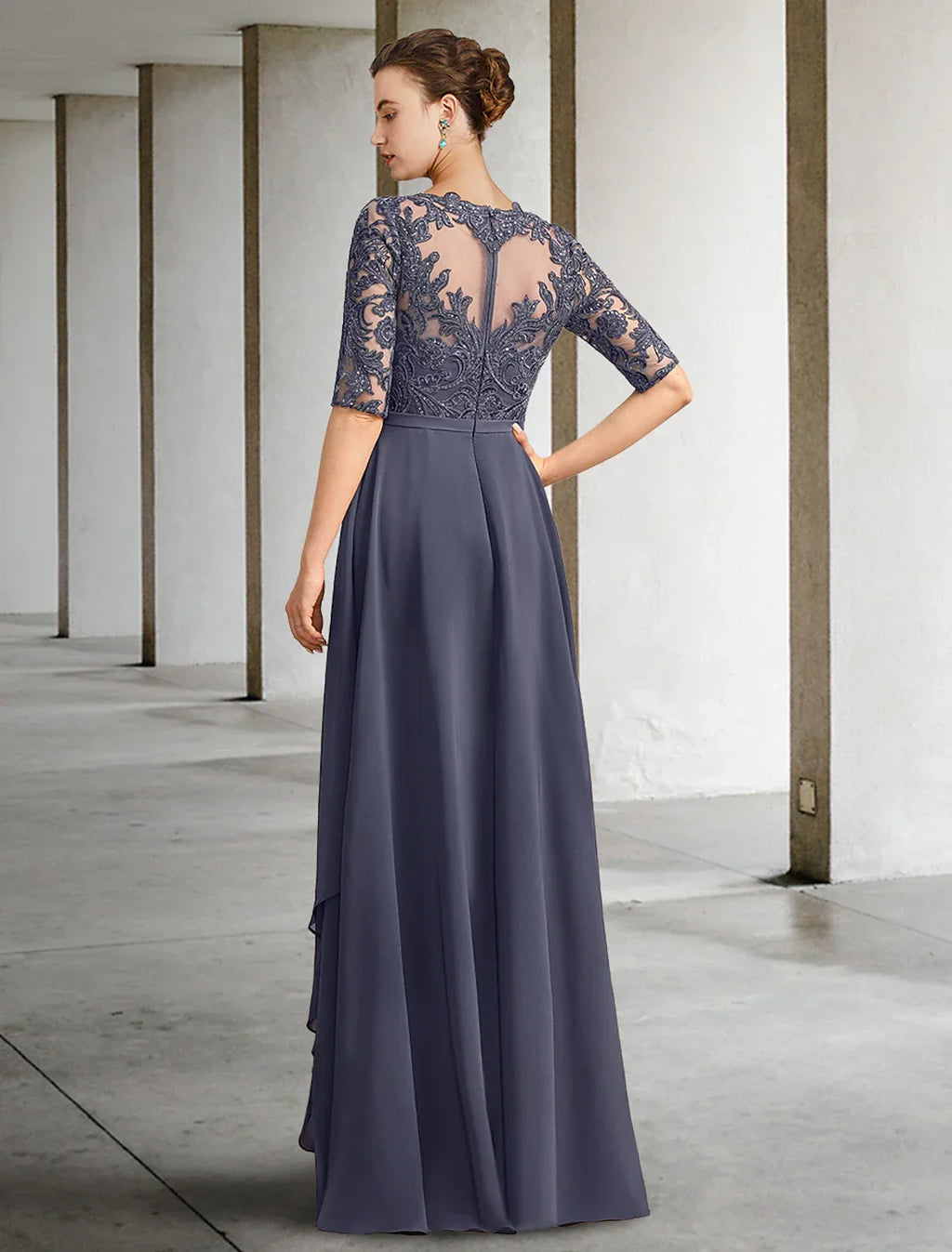 Mother of the Bride Dress Formal Wedding Guest Elegant Scoop Neck Floor Length Half Sleeve with Bow(s)