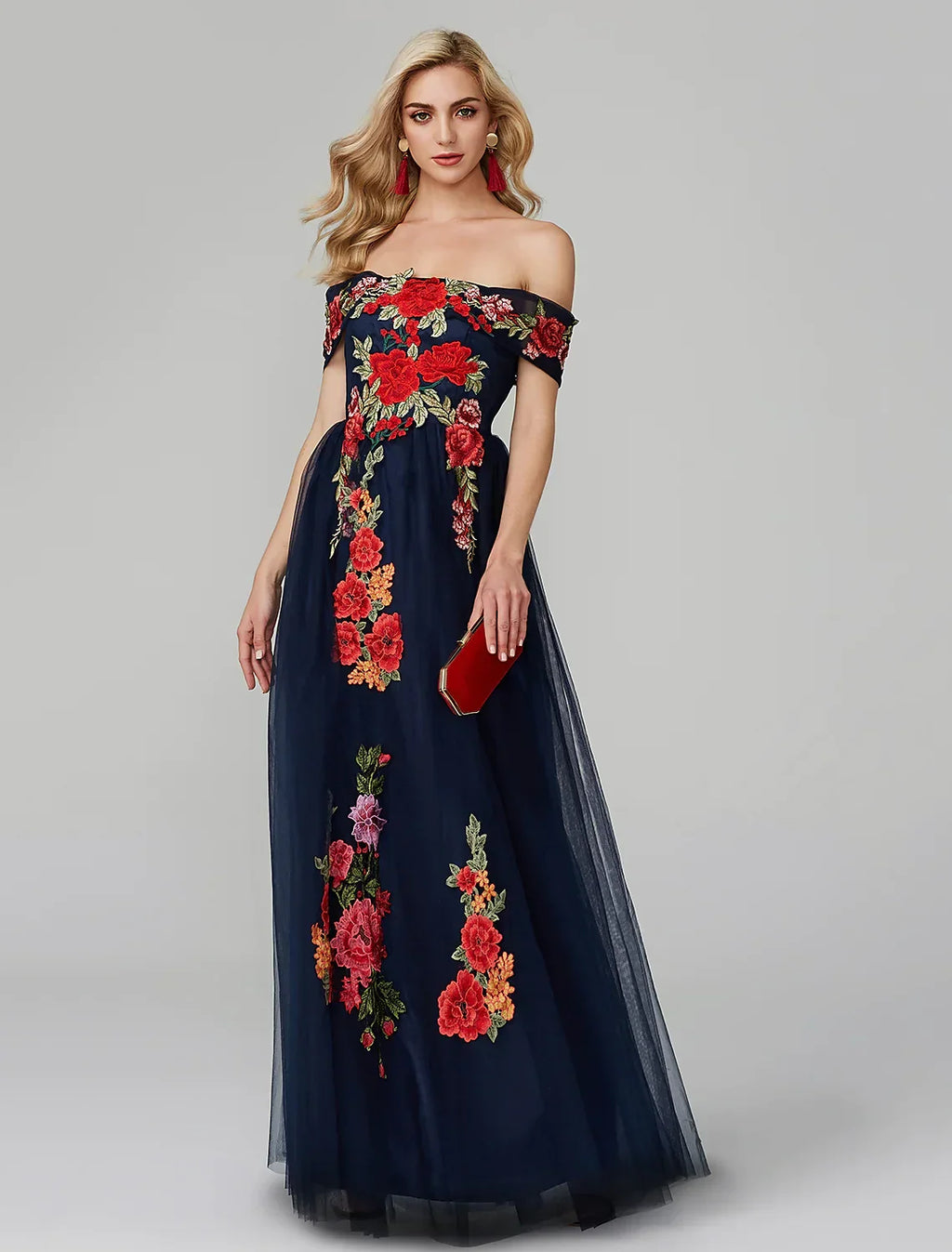 Wedding Guest Floor Length Sleeveless Off Shoulder Over with Embroidery Appliques
