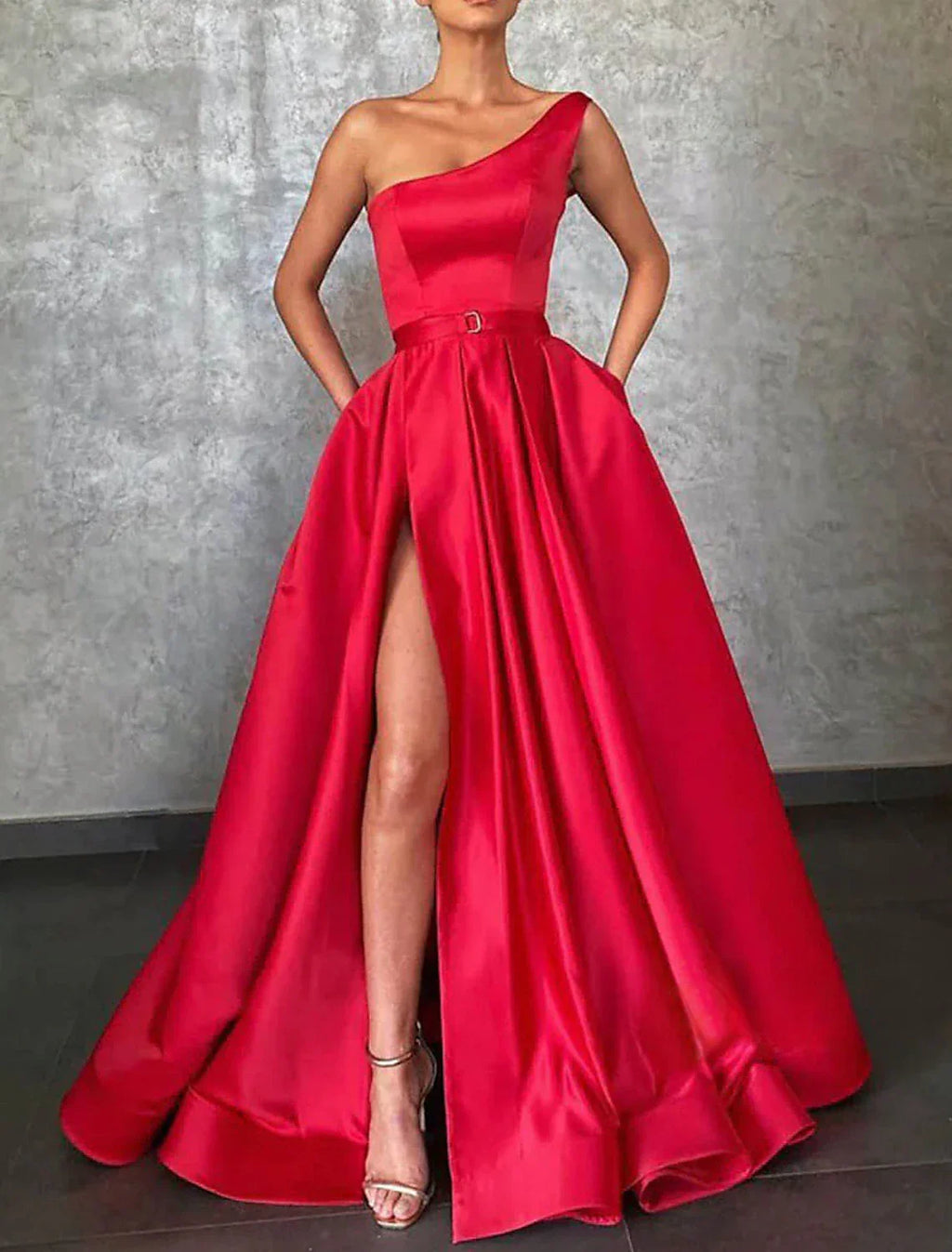 Evening Gown Celebrity Style Dress Formal Wedding Sweep / Brush Train Sleeveless One Shoulder Belt / Sash with Pleats